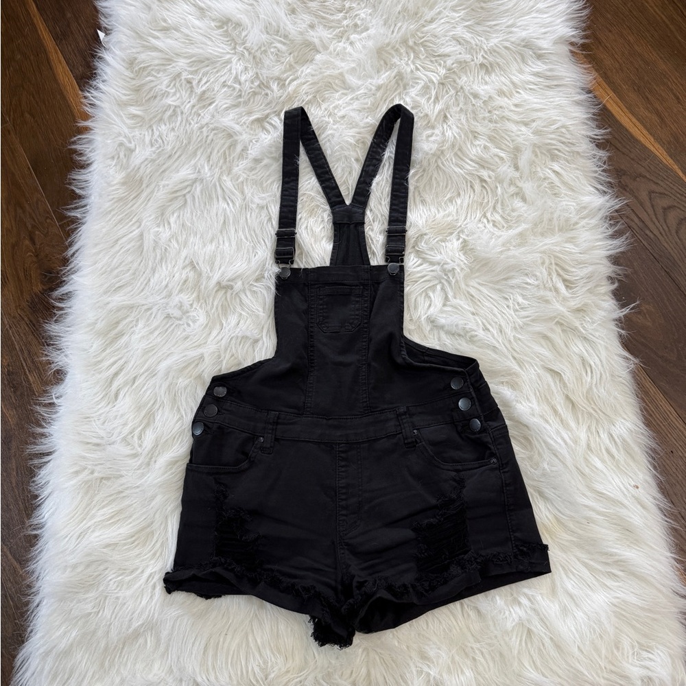 Black Denim Overall Shorts